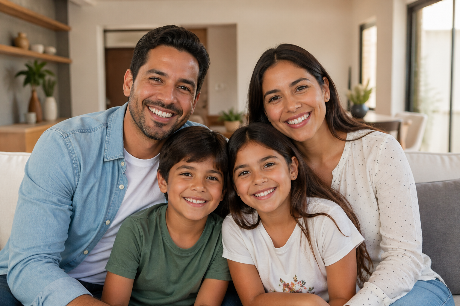Familia latina protegida con seguro de vida y cobertura internacional en dólares