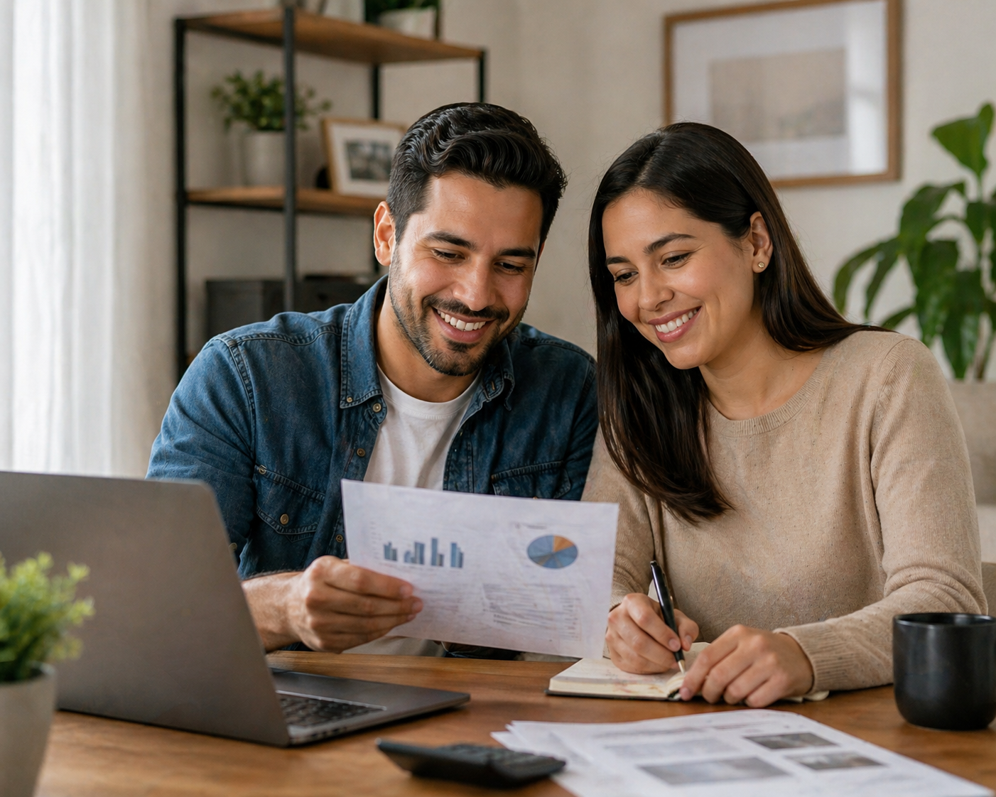 Pareja latinoamericana planificando su seguro de vida y ahorro educativo